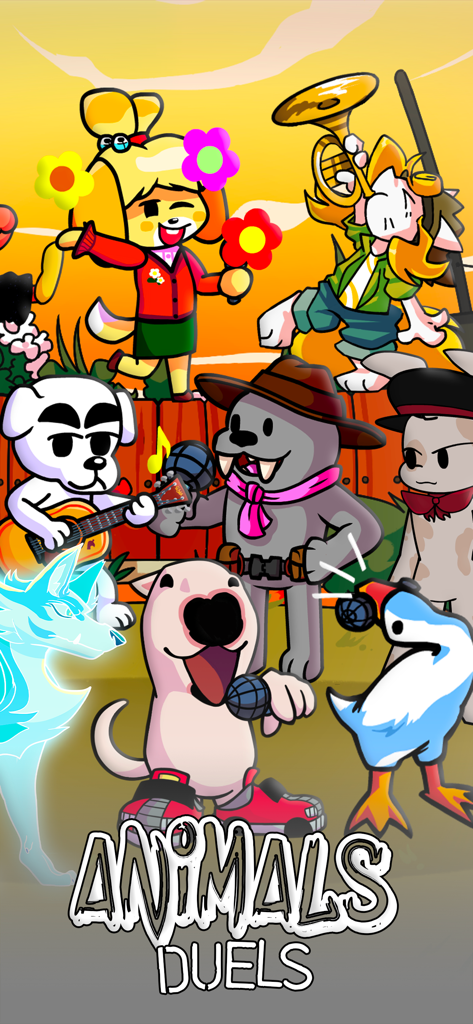 Colorful cartoon animal characters including a dog with a guitar and a goose with a microphone in the Animals Duels mode.