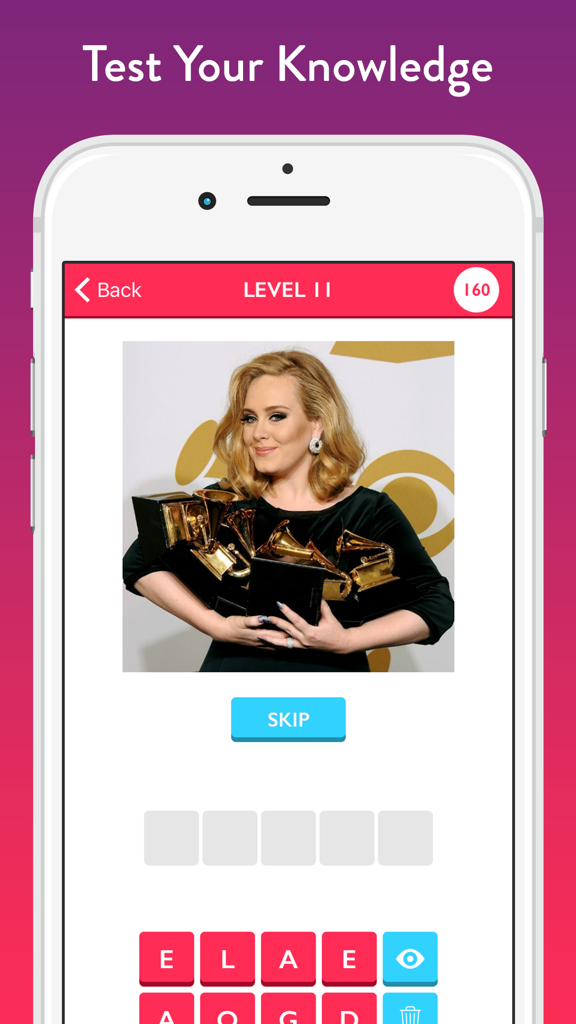 Guess The Music Artist - Free Quiz Game About Singers And Bands - A music trivia game interface showing a level with a picture of a famous singer holding several Grammy awards