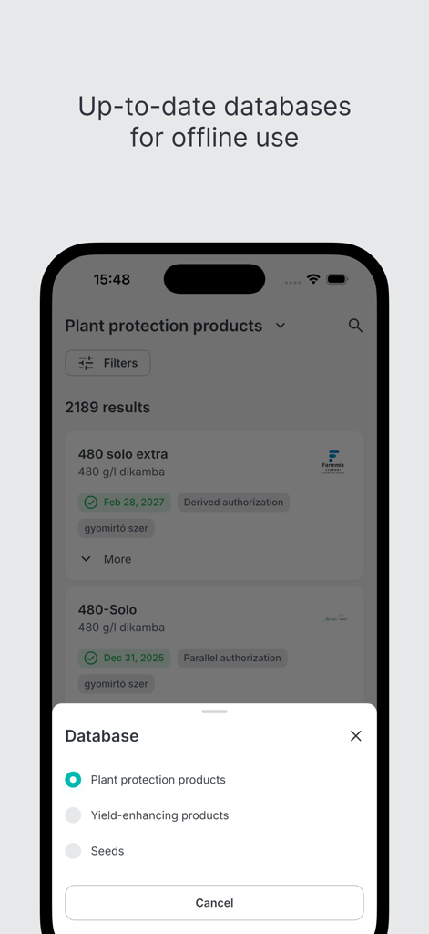 Aplicativo Agromedium mostrando opções de banco de dados para proteção de plantas e sementes com suporte offline