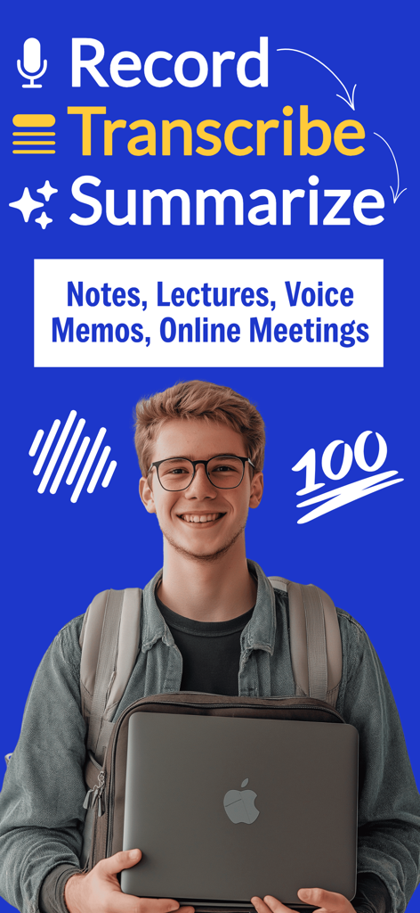 AI Note Taker & Voice Memos - AIノートテイクアプリの画面。講義や会議の録音、文字起こし、要約機能を表示。