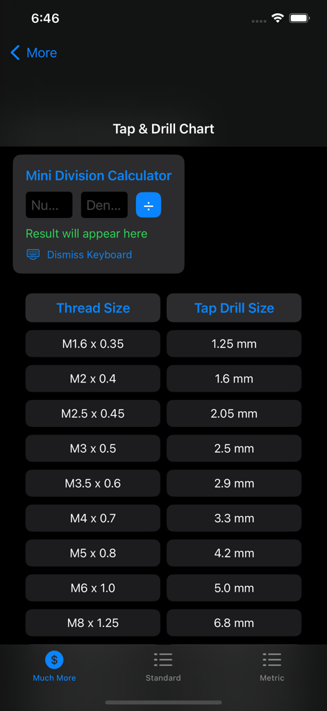 Machinist Pocket Pal app showing a metric tap and drill chart and division calculator.