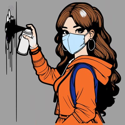 realistic girl with mask spray painting a wall