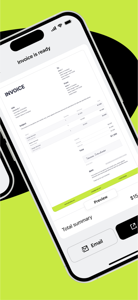 A smartphone screen displaying a completed professional invoice with a preview and email button for quick billing.