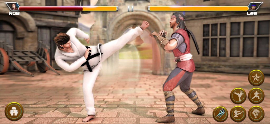 Un combattant de karaté 3D en gi blanc effectue un coup de pied haut contre un adversaire dans un match de tournoi d'arts martiaux.