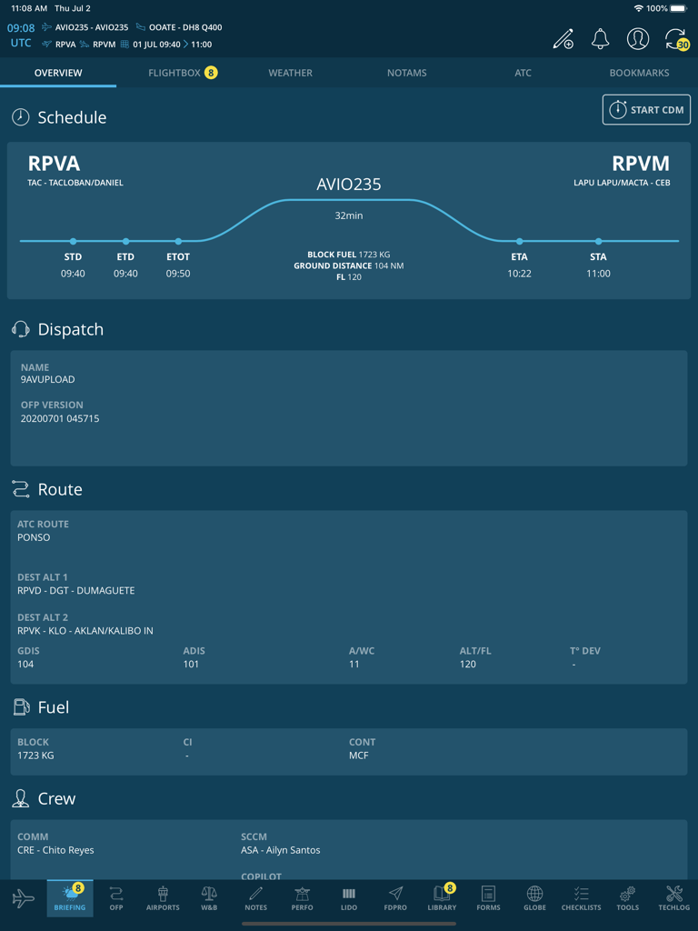 AvioBook Flight - AvioBook Flight dashboard showing flight schedule route fuel and crew briefing details on an iPad