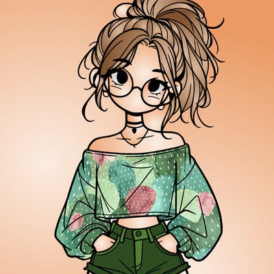 girl with a messy ponytail glasses a baggy crop top and jean shorts