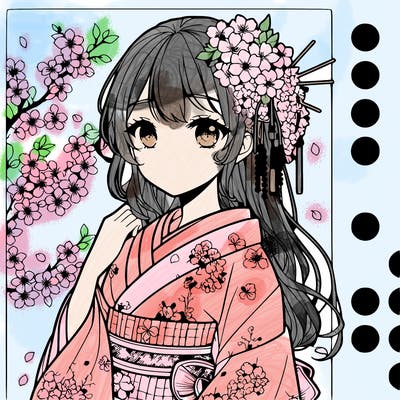 a beautiful anime girl is a. cherry blossom kimono