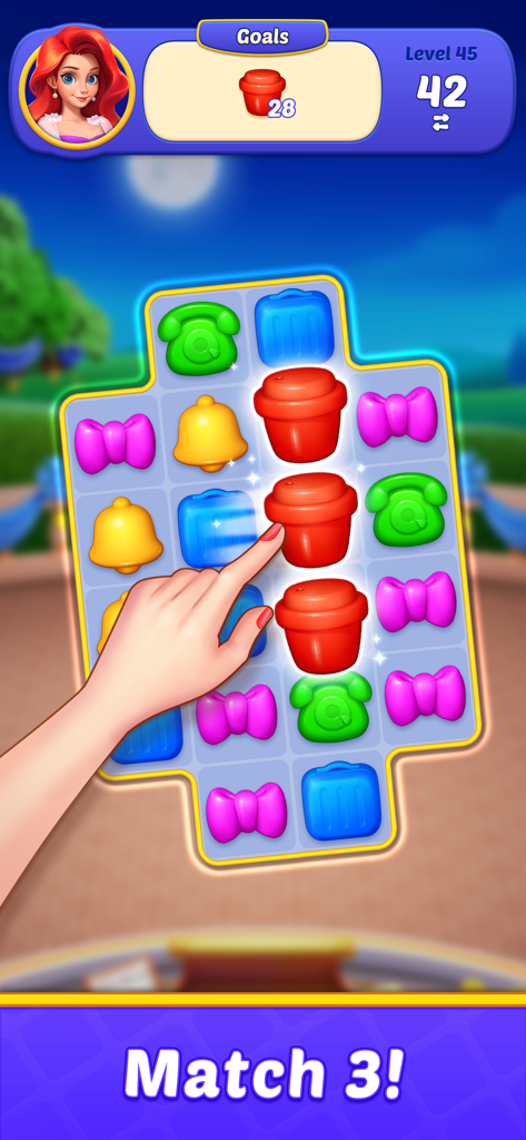 Home Match - Garden & Design - Una mano jugando a un nivel de puzle de match-3 en el juego móvil Home Match con iconos coloridos en la pantalla.