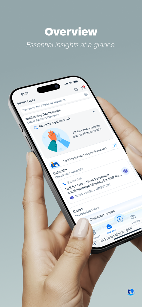 SAP for Me - El panel de la aplicación SAP for Me en un iPhone que muestra un resumen del estado del sistema y el mantenimiento programado.