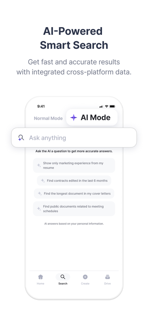 Hancom Docs - Captura de pantalla de la aplicación Hancom Docs que muestra la interfaz de búsqueda inteligente impulsada por IA con ejemplos de consultas en lenguaje natural para encontrar documentos y contratos.