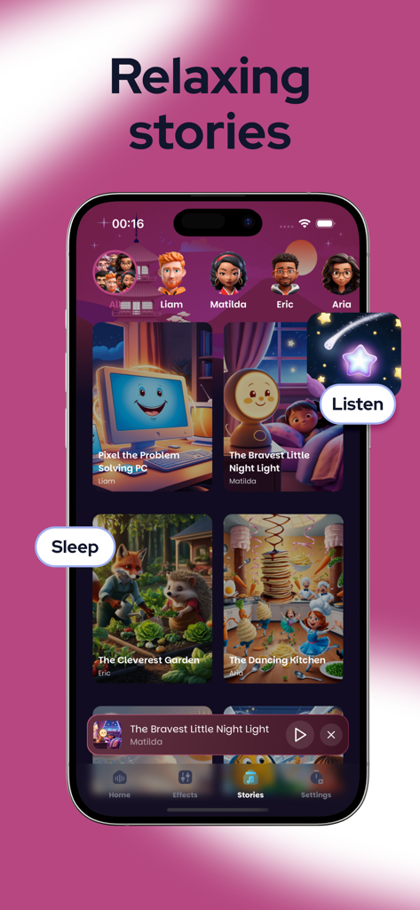 ASMR Sleep Sound Mix: Soundify - Uma tela mostrando a seção de histórias relaxantes do aplicativo Soundify, apresentando histórias narradas para dormir para adultos e crianças.