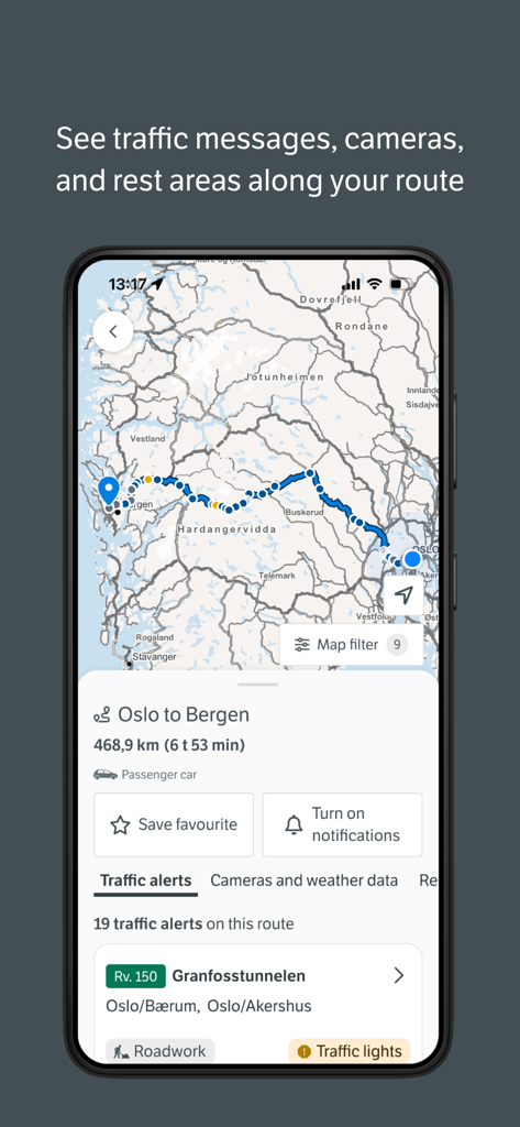 Vegvesen trafikk - Interfaz de la aplicación Vegvesen trafikk mostrando una ruta de viaje de Oslo a Bergen con alertas de tráfico en tiempo real