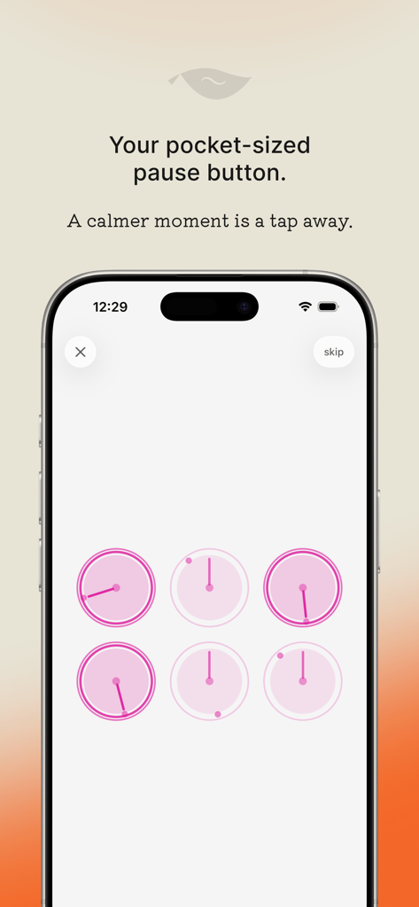 fidgy ~ mindful play - iPhone screen showing the fidgy app interface with six pink tactile dials and the slogan your pocket sized pause button