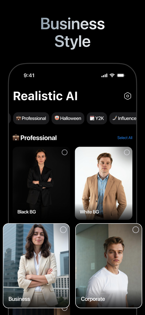 企業やスタジオの背景を含むさまざまなプロフェッショナルビジネススタイルを示すAIヘッドショット生成用のモバイルアプリインターフェイス