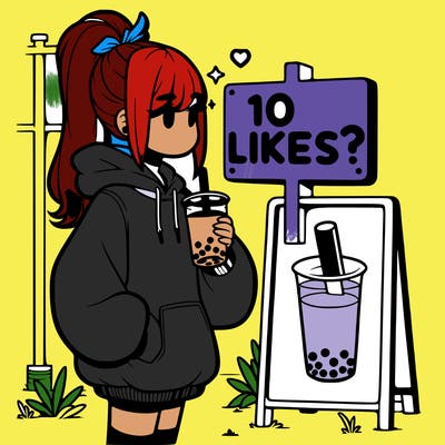 girl with oversized hoodie drinking boba and she has a high ponytail with a sign that says 10likes?