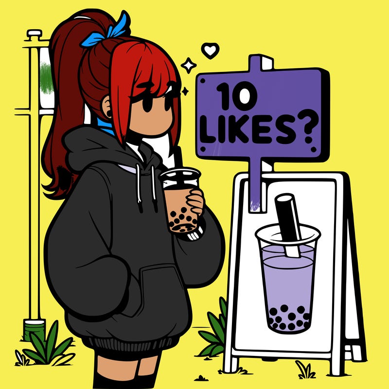 girl with oversized hoodie drinking boba and she has a high ponytail with a sign that says 10likes?