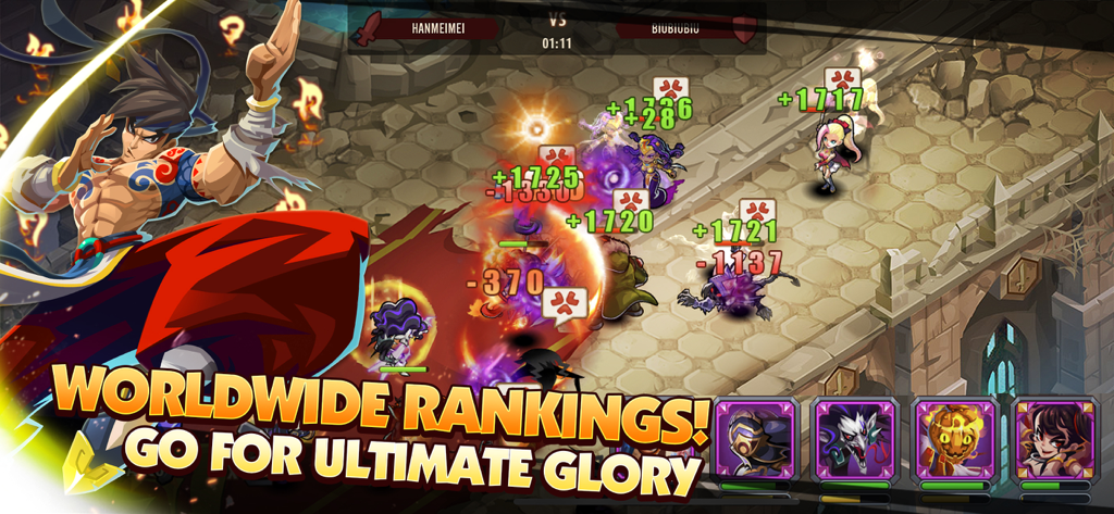 Uma cena de batalha competitiva na Arena PvP no Magic Rush Heroes apresentando rankings mundiais e combate baseado em habilidades.