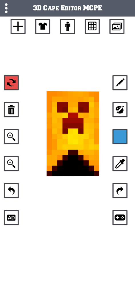 Cape Skin Editor For MCPE - User interface of the Cape Skin Editor for MCPE featuring a custom yellow cape with a creeper face design and editing tools