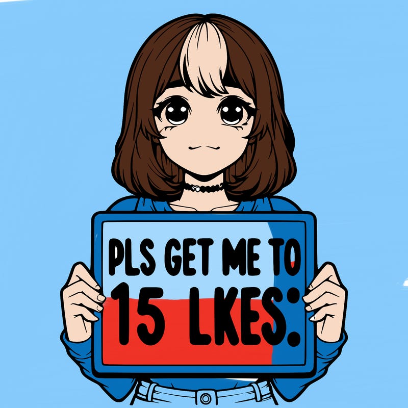realistic girl holding up a sign that says “pls get me to 15 likes!”