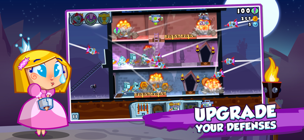 Gameplay screen of Castle Doombad showing traps defending a castle against heroes with a crying princess character on the side