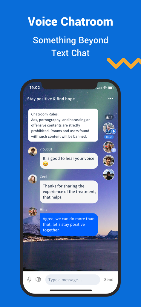 The PositiveSingles app interface showing a voice chatroom where users share support and personal experiences in a safe community environment.