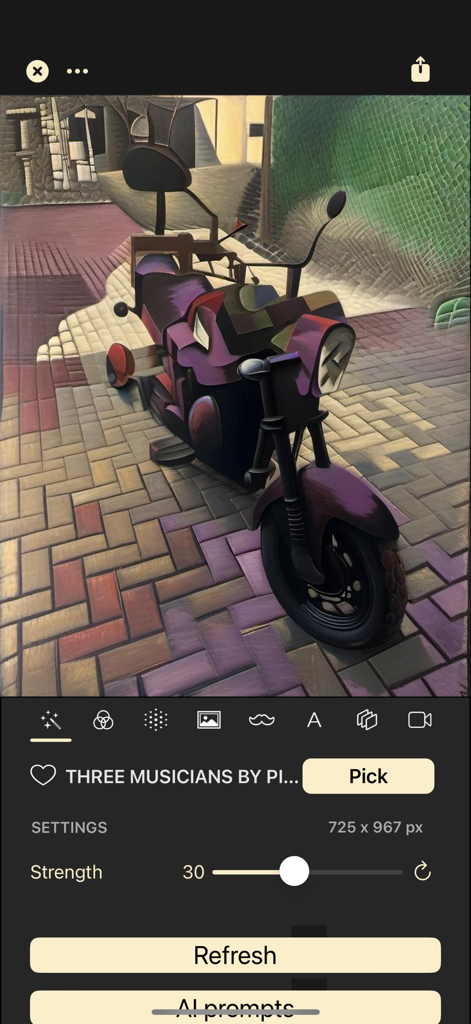 AI Impressionist Painter - Una foto de motocicleta transformada en una pintura cubista usando la interfaz de la aplicación Pintor Impresionista IA.