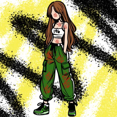 girl in baggy pants crop top and long hair