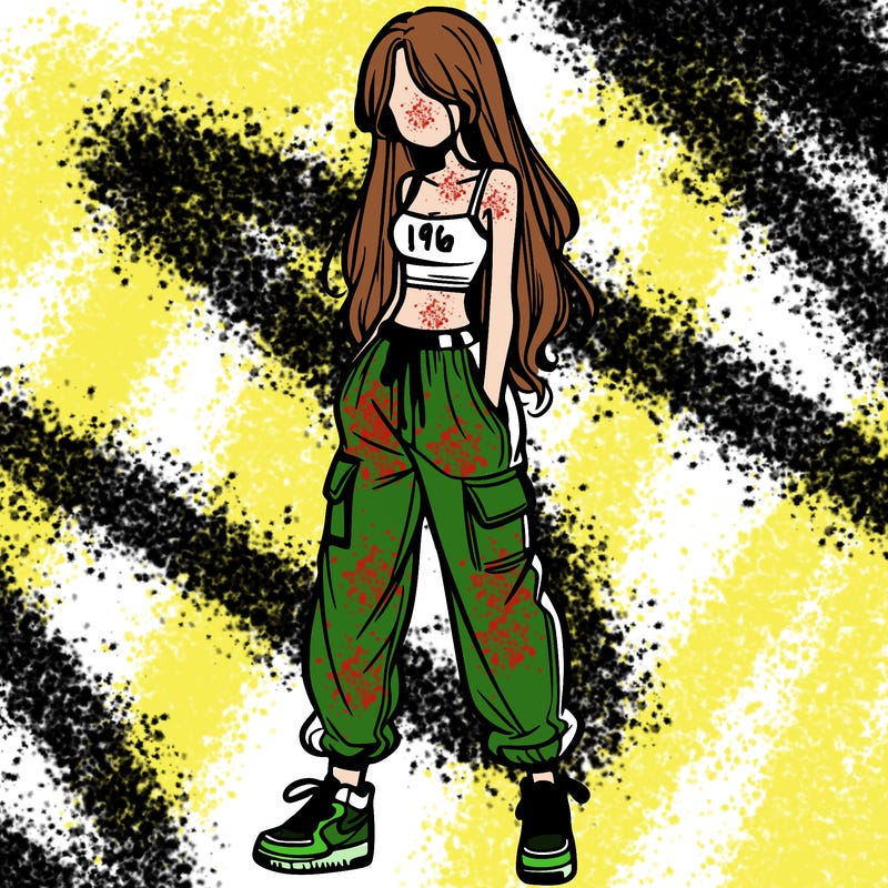 girl in baggy pants crop top and long hair