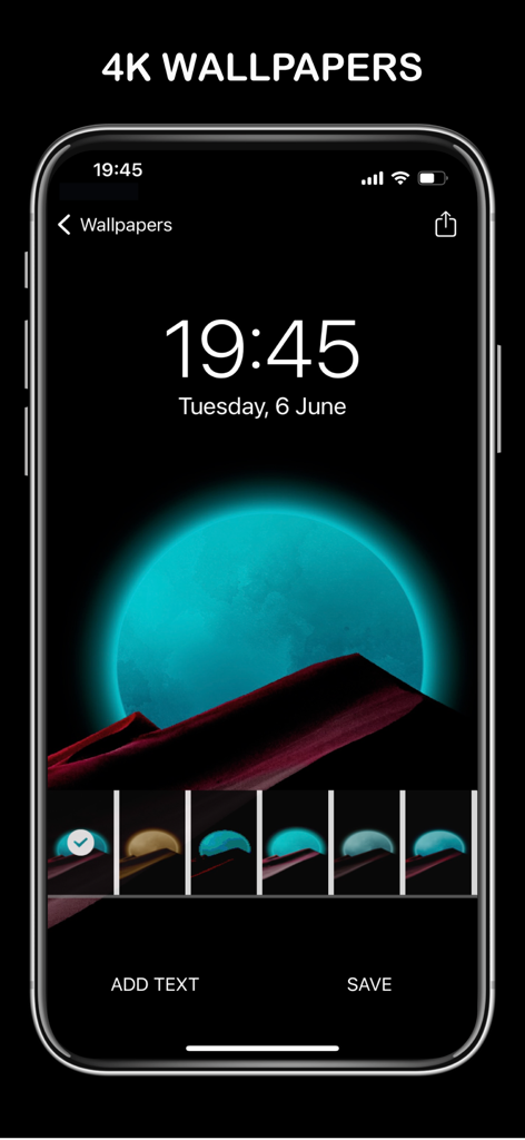 Black Wallpaper Dark Sad 4K - Smartphone screen showing a dark 4K wallpaper preview of a teal moon and red mountains with edit options