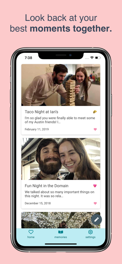 Twig - Journal for Couples - Smartphone displaying the shared memory feed of the Twig couples journal app featuring photos and text entries of a couple