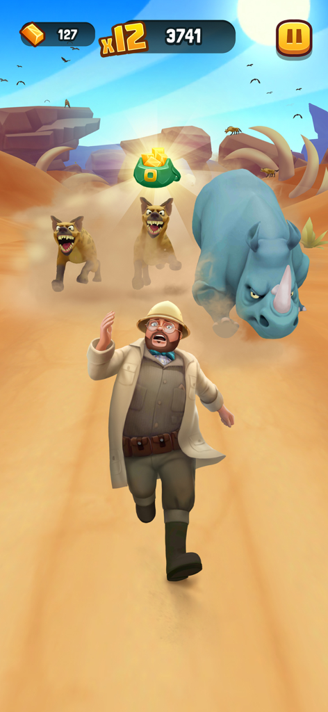 El Profesor Shelly Oberon huyendo de un rinoceronte azul y hienas en Jumanji Epic Run