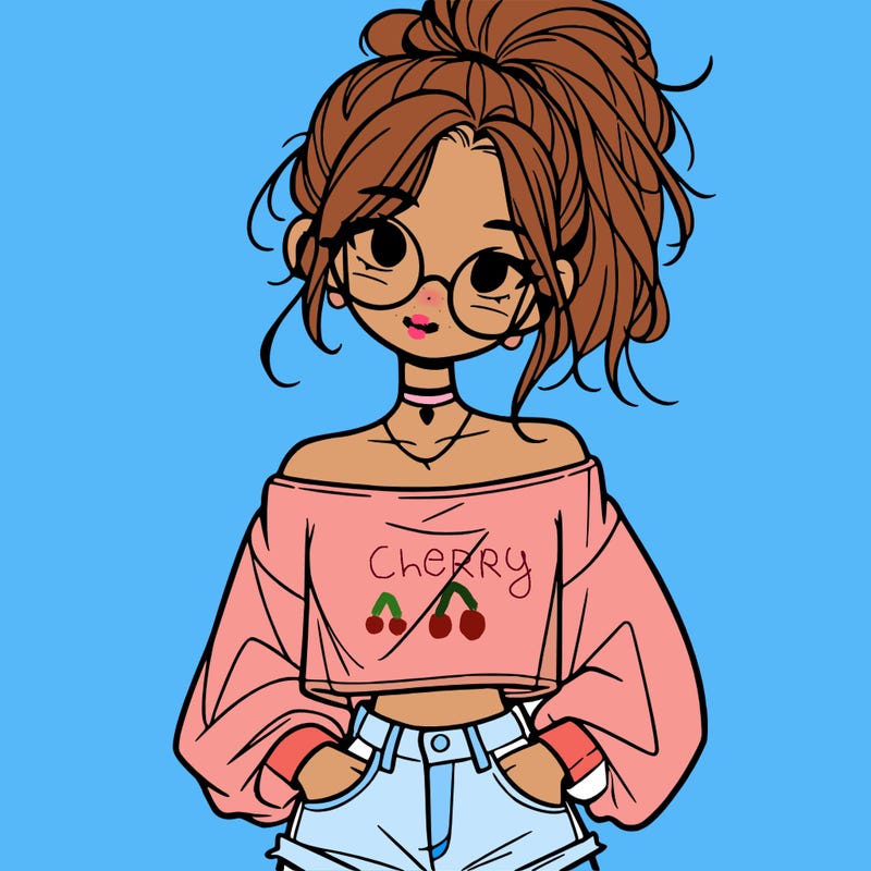 girl with a messy ponytail glasses a baggy crop top and jean shorts