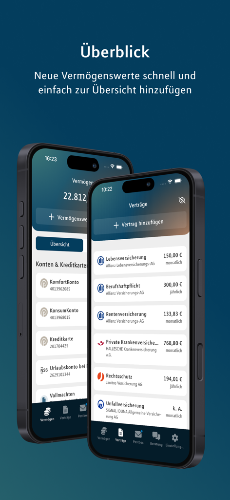 Financial Home - A mobile interface of the Financial Home app showing a consolidated overview of assets and insurance contracts.