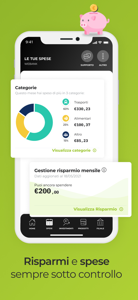 Dashboard dell'app Webank che mostra categorie di spesa e gestione dei risparmi