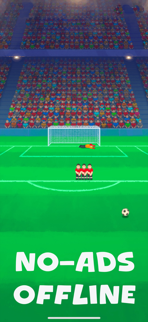 Soccer Game - Free Kick Watch - サッカーのフリーキックのミニマルなゲームプレイ。ゴール、ゴールキーパー、ディフェンダーが表示され、広告なし、オフラインプレイのテキストが表示されています。