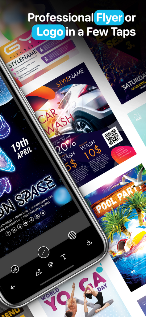 Create Flyers & Logos - Maker - Mobile app interface showing professional flyer templates and design tools