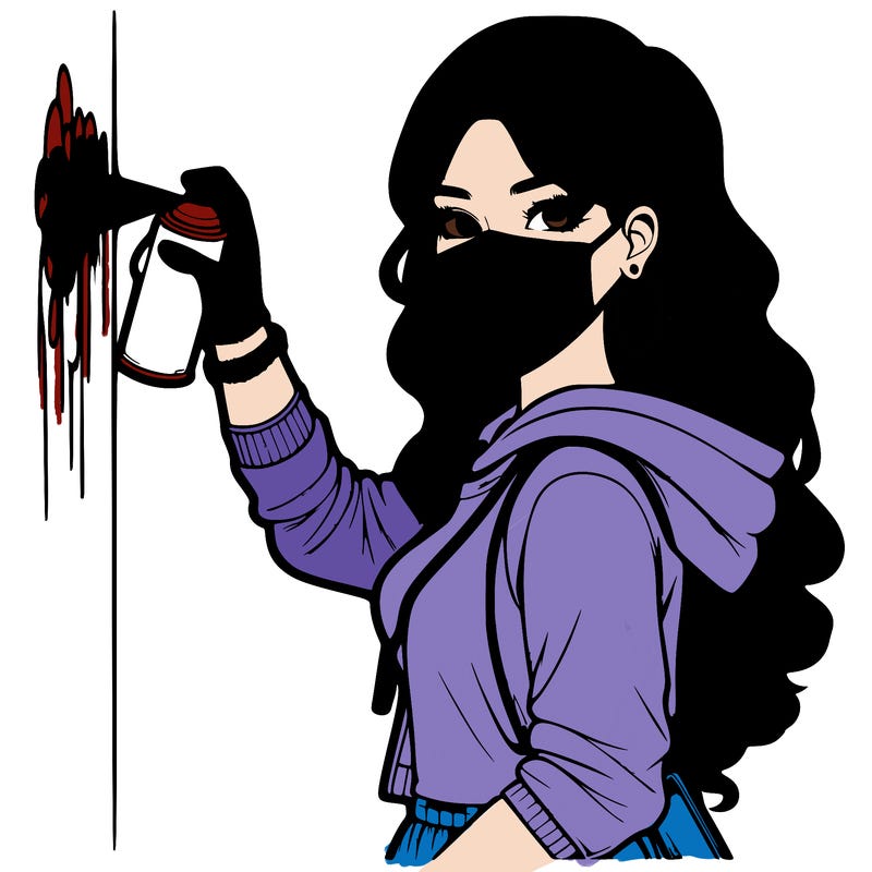 realistic girl with mask spray painting a wall