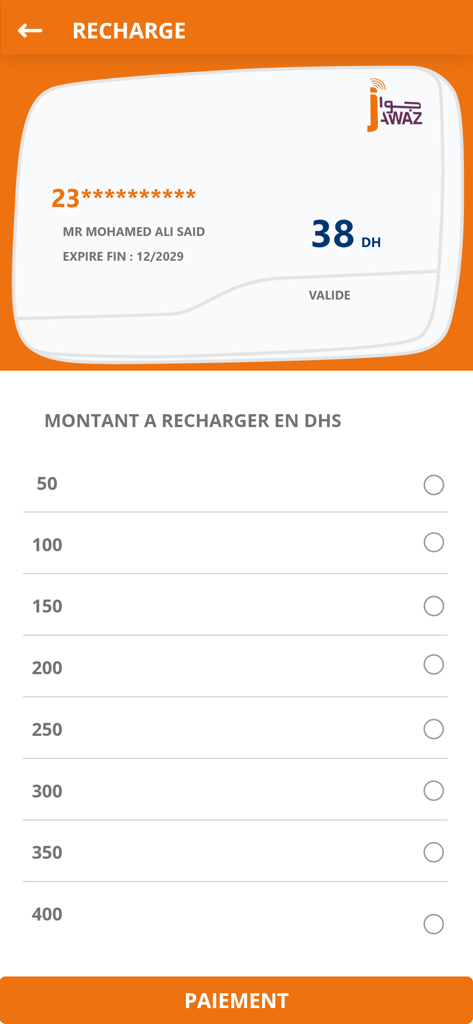 Jawaz - Jawaz mobile app screen showing options to recharge a toll pass balance in Moroccan Dirhams