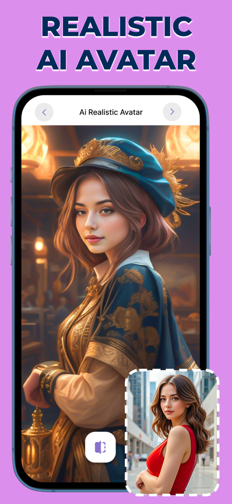AI Anime Maker- Avatar Creator - Screenshot der KI Anime Maker App, der eine realistische KI-Avatar-Transformation einer Frau in einen Fantasy-Charakter zeigt