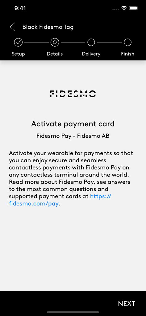 Activation screen for a contactless payment card on the Fidesmo app