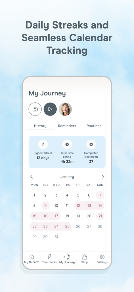 NuFACE app My Journey screen showing treatment streaks and a monthly calendar for tracking progress