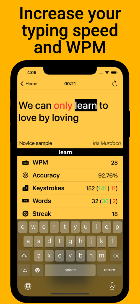 Typing Practice - Royalty - Interface of the Typing Practice - Royalty app showing words per minute, accuracy, and typing streak.