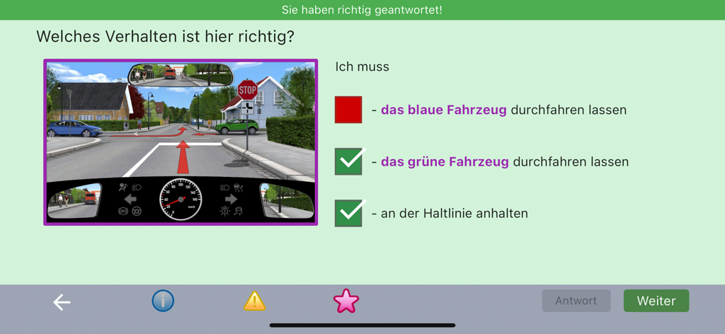 Fahrschule.de 2026 - Eine theoretische Fahrprüfungsfrage in der Fahrschule.de 2026 App, die ein Verkehrsszenario an einer Kreuzung mit einem Stoppschild zeigt