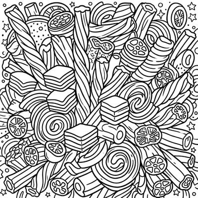 Unwrap a world of delicious creativity with this delightful licorice coloring page, perfectly designed for young artists. Explore a full scene bursting with all your favorite chewy candy shapes, ready for a splash of color.