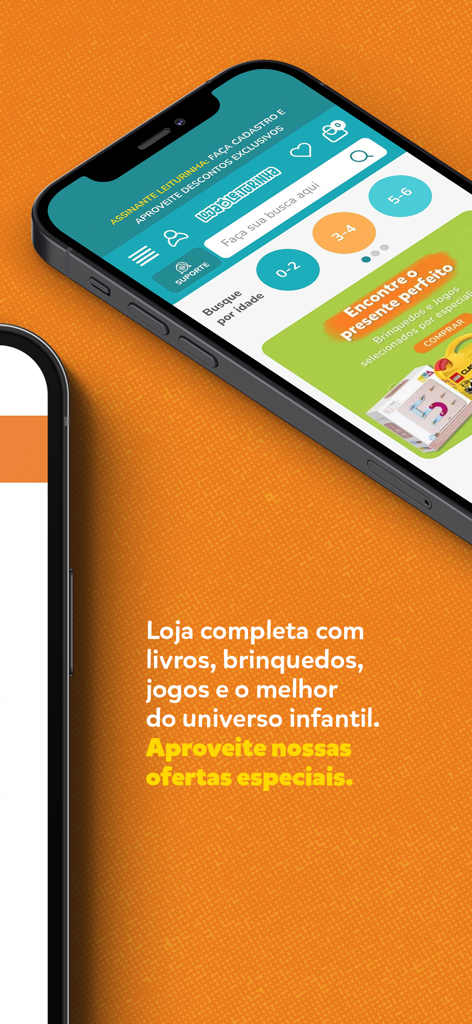 Leiturinha - Interface of the Leiturinha app store showing sections for children's books and toys organized by age group