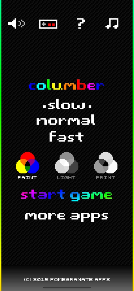 Columber - Pantalla del menú principal de la aplicación Columber que muestra las opciones de velocidad del juego y las selecciones de modo de color para pintura luz y impresión