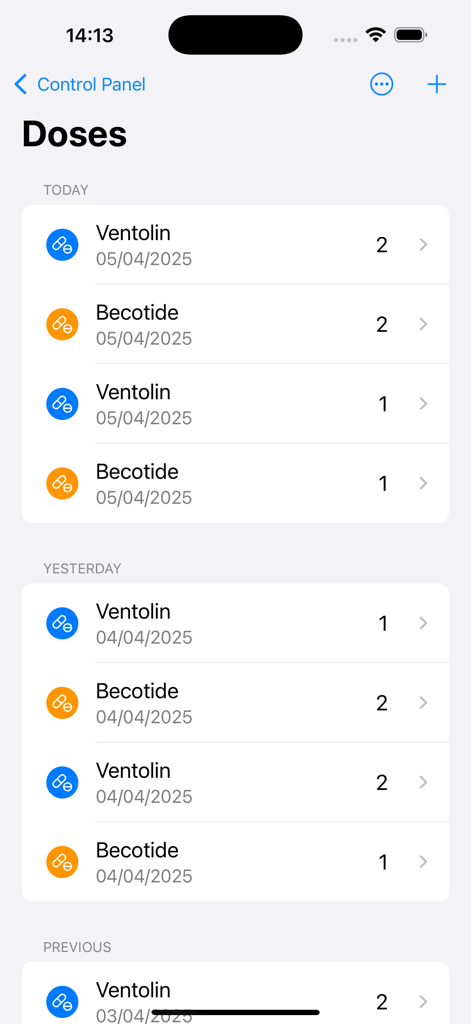 Track My Asthma - A list of asthma medication doses for Ventolin and Becotide organized by date in the Track My Asthma app.