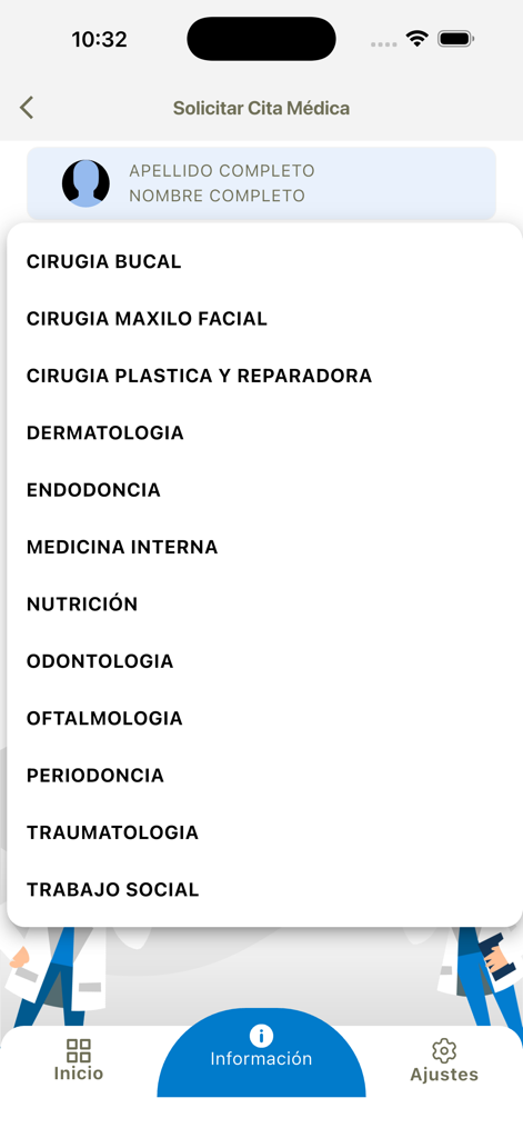 Medical specialty selection list for booking an appointment in the CSBP Movil app