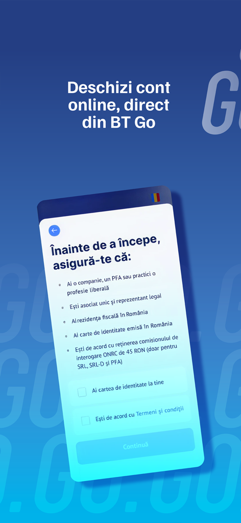 BT Go - BT Go mobile app screen showing the requirements for opening a Romanian business account online.