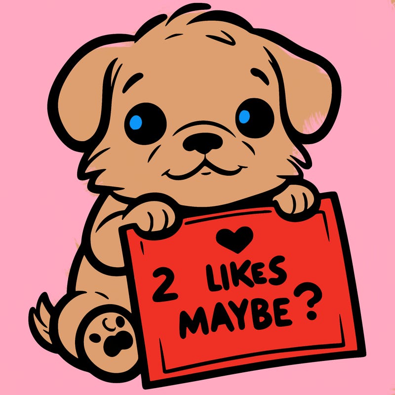 a puppy holding a sign that says 2 likes maybe?